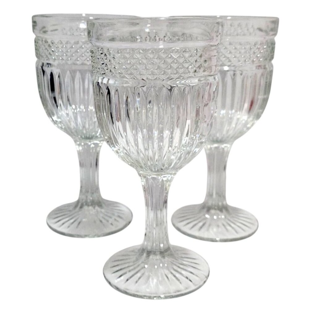3 Libbey Radiant Water Glasses Vintage Pressed Glass 7" diamond ribbed patterned